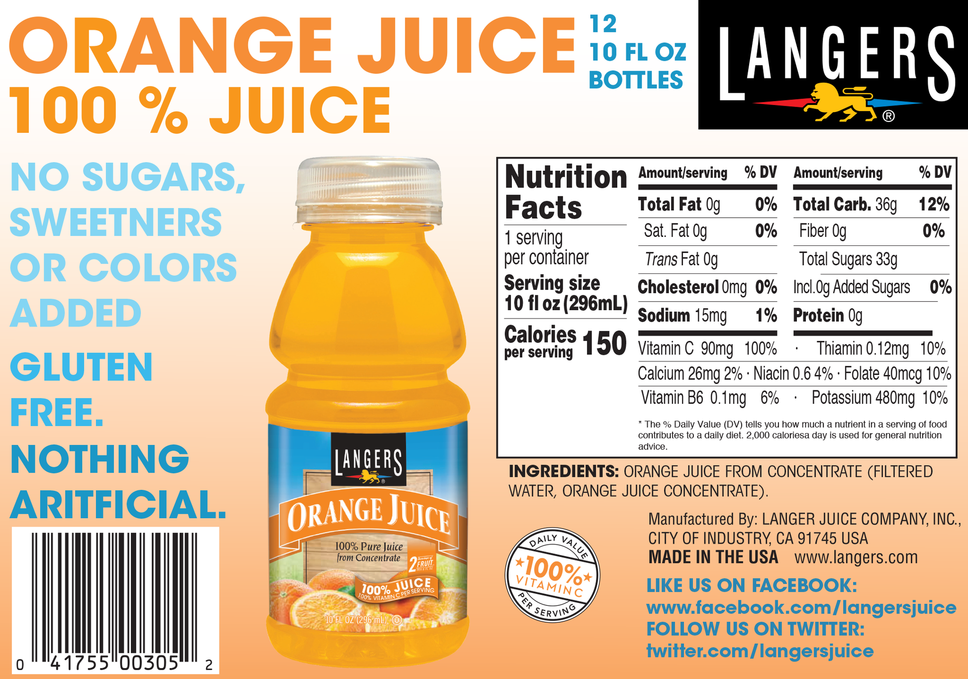 Langers 100% Orange Juice 15.2 fl oz Bottle